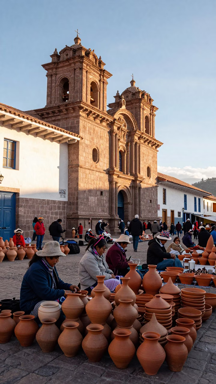 Morning Market Scene in Cusco Peru with Stacked Pottery and Local Commerce in in Cusco, Peru