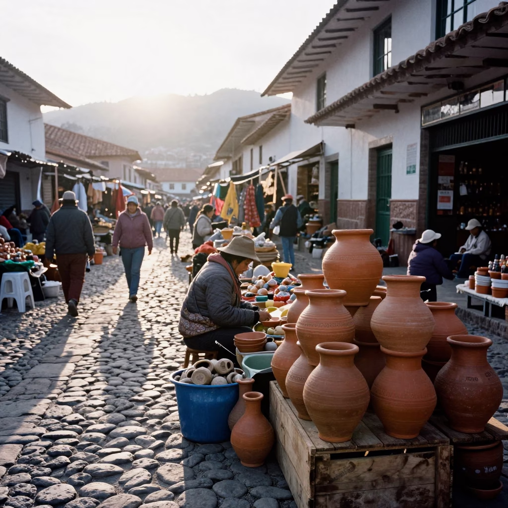 Morning Market Scene in Cusco Peru with Terracotta Pots and Stone Architecture in in Cusco, Peru