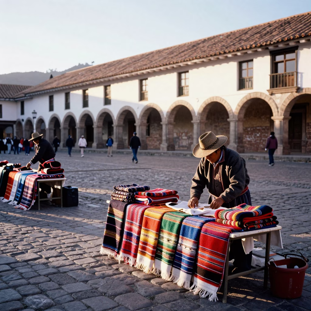 Morning Market Scene in Cusco Peru with Textiles and Local Commerce in in Cusco, Peru