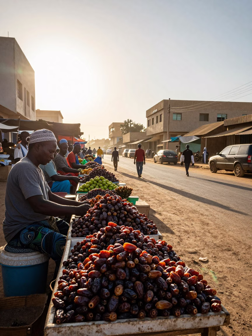 Morning Market Scene in Dakar Senegal with Dates and Early Light in in Dakar, Senegal