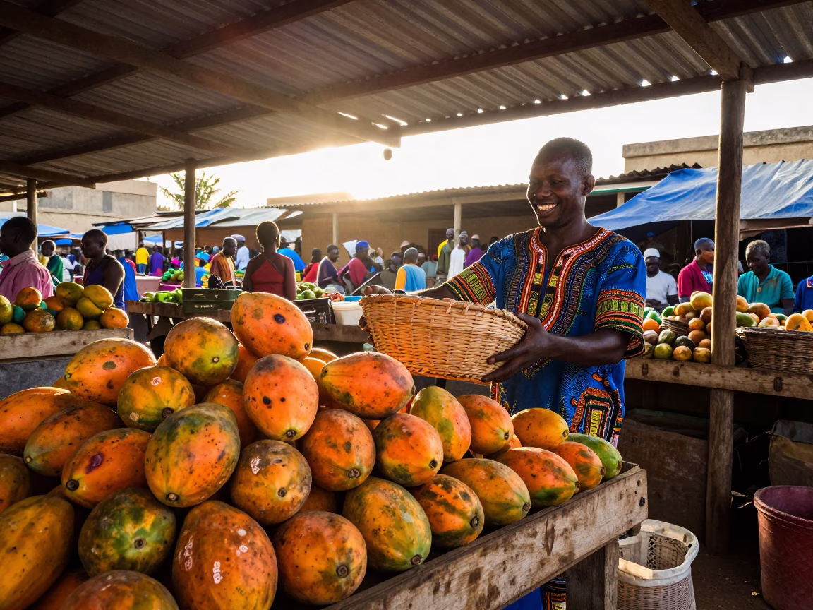 Morning Market Scene in Dakar Senegal with Fresh Papayas and Local Commerce in in Dakar, Senegal
