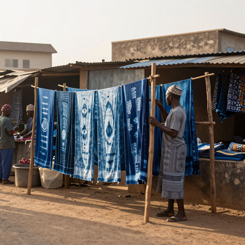 Morning Market Scene in Dakar Senegal with Indigo Fabric Drying in Sunlight in in Dakar, Senegal