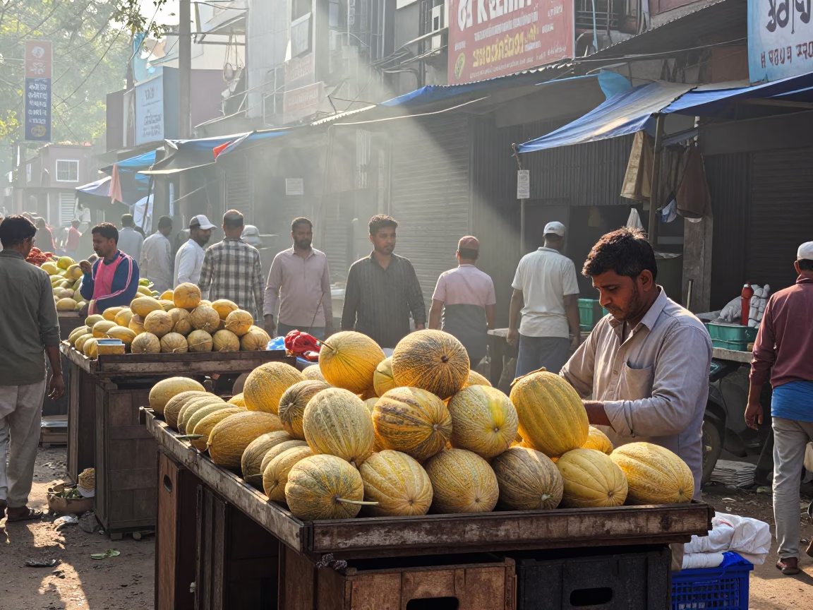 Morning Market Scene in Delhi India with Fresh Melons and Street Life in in Delhi, India