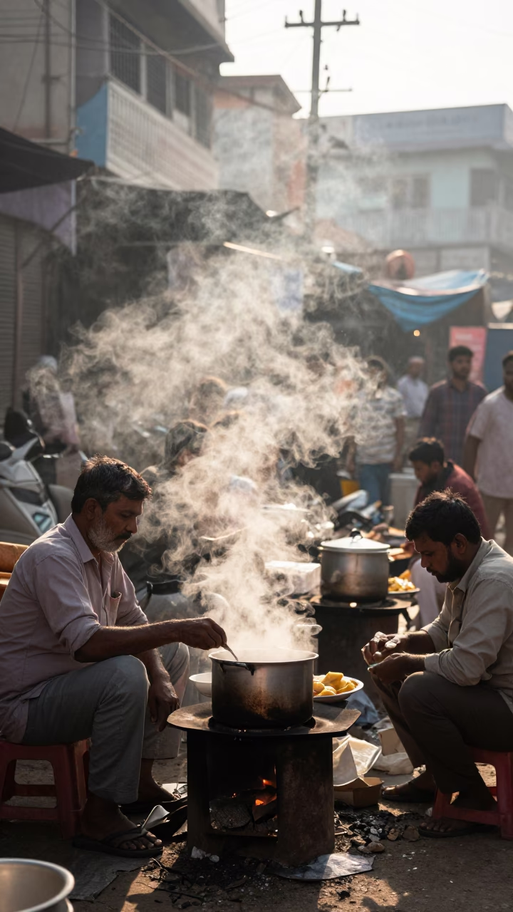 Morning Market Scene in Delhi India with Steam and Local Commerce in in Delhi, India