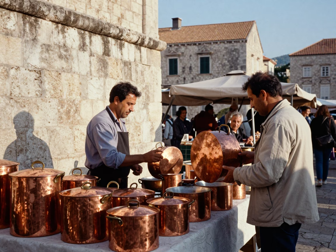 Morning market scene in Dubrovnik Croatia with copper cookware and local commerce in in Dubrovnik, Croatia