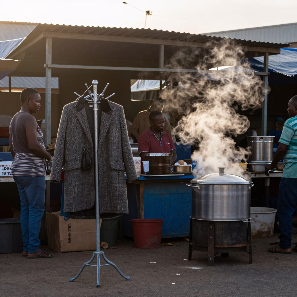 Morning Market Scene in Durban South Africa with Coat Stand and Steamers in in Durban, South Africa