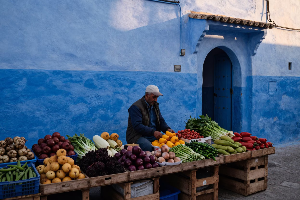 Morning Market Scene in Essaouira Morocco with Local Vendor and Traditional Elements in in Essaouira, Morocco