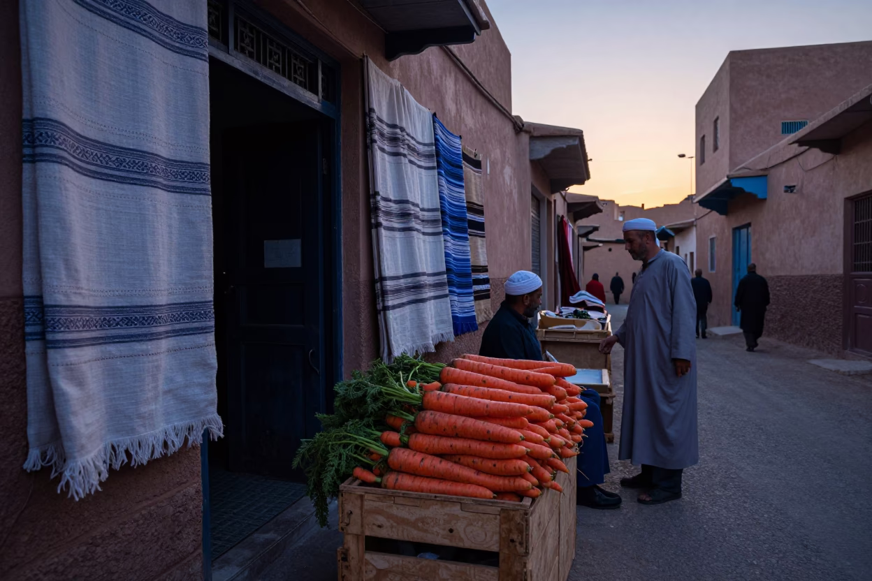 Morning Market Scene in Fez Morocco Before Sunrise with Linen Textiles and Fresh Vegetables in in Fez, Morocco
