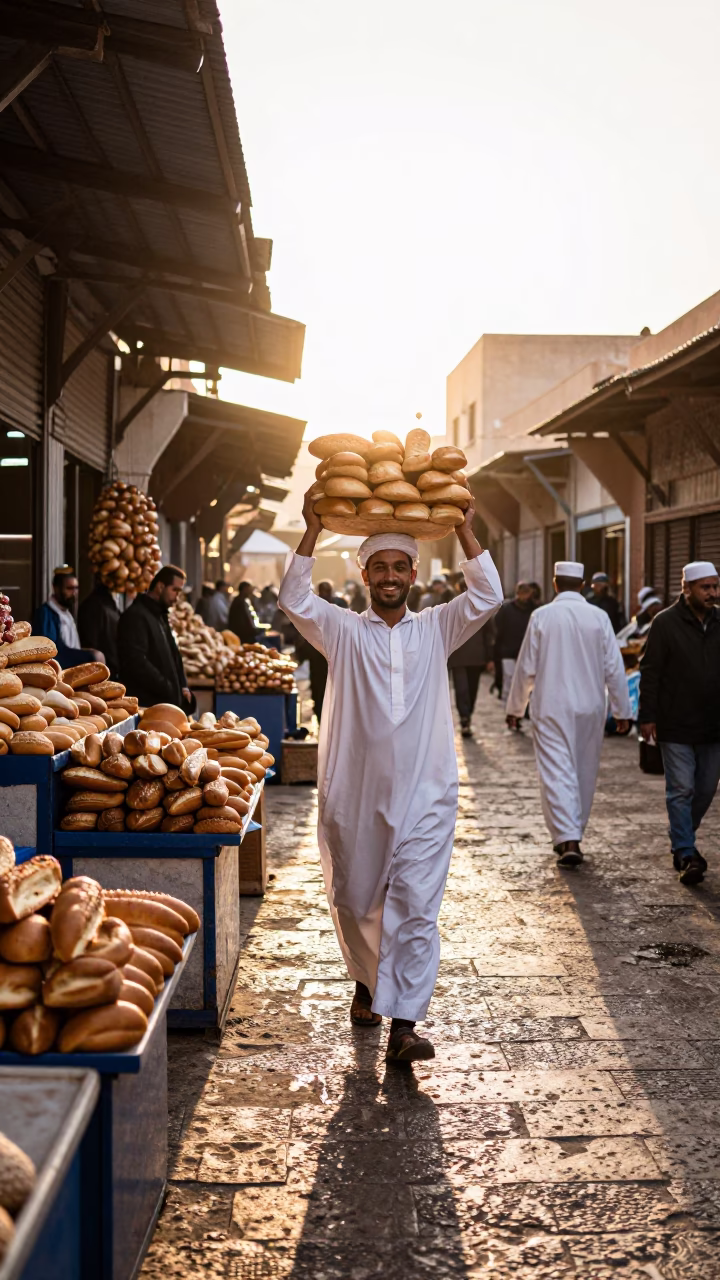 Morning Market Scene in Fez Morocco with Fresh Bread and Traditional Copper Tea Set in in Fez, Morocco