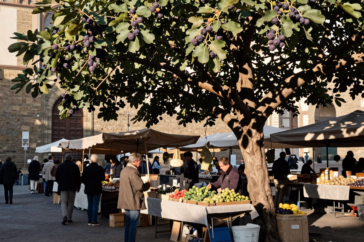 Morning Market Scene in Florence Italy with Fig Tree and Local Vendor in in Florence, Italy