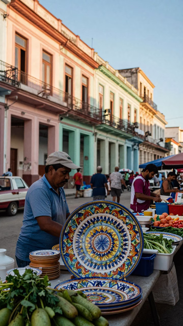 Morning Market Scene in Havana Cuba with Vintage Italian Majolica Plate and Oil Lamp in in Havana, Cuba