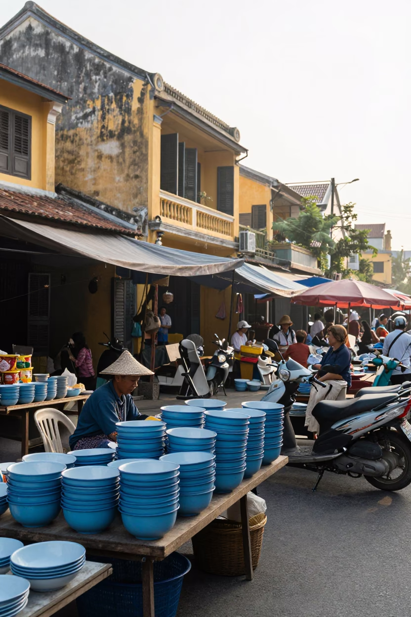 Morning Market Scene in Hoi An Vietnam with Enamel Bowls and Scooter in in Hoi An, Vietnam