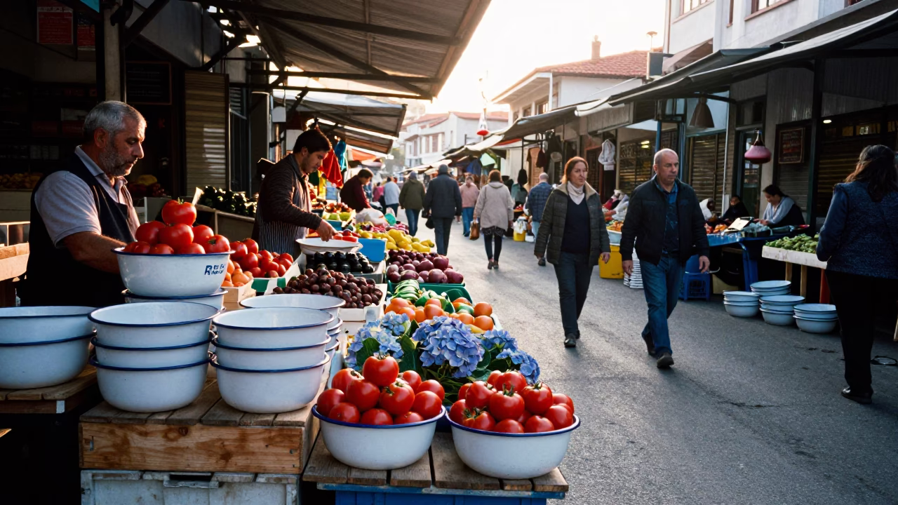 Morning Market Scene in Izmir Turkey with Enamel Bowls and Hydrangea Bushes in in Izmir, Turkey
