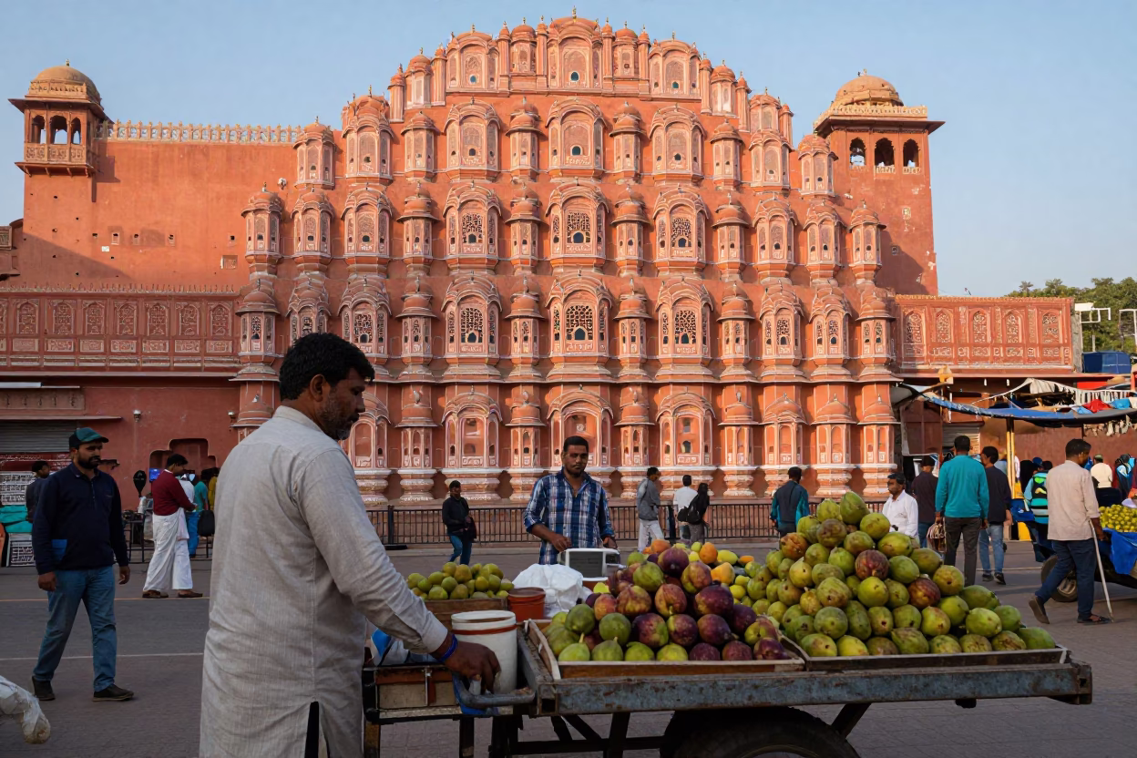Morning Market Scene in Jaipur India with Fruit Vendors and Early Sunlight in in Jaipur, India