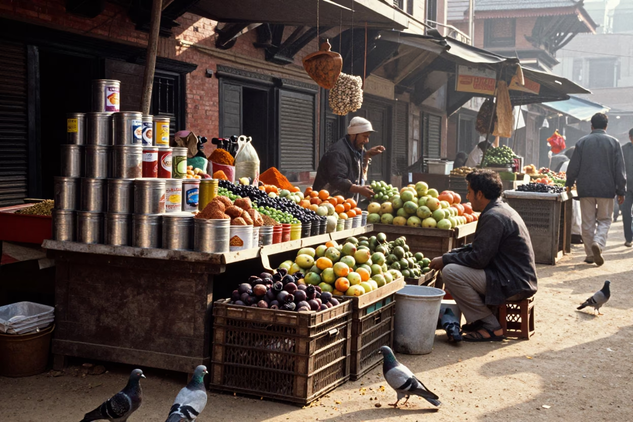 Morning Market Scene in Kathmandu Nepal with Spice Tins and Fruit Crates in in Kathmandu, Nepal