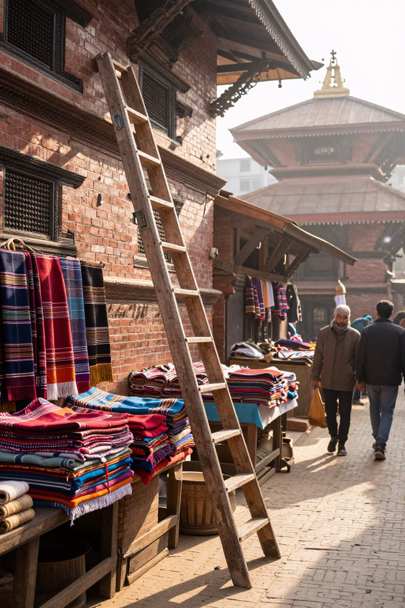 Morning Market Scene in Kathmandu Nepal with Step Ladder and Local Vendors in in Kathmandu, Nepal