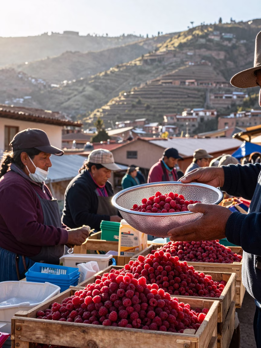 Morning Market Scene in La Paz Bolivia with Raspberries and Mesh Colander in in La Paz, Bolivia