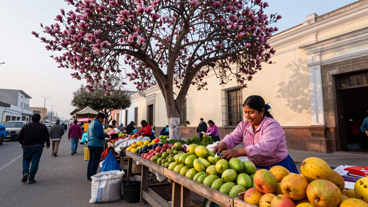 Morning Market Scene in Lima Peru with Magnolia Tree and Local Commerce in in Lima, Peru