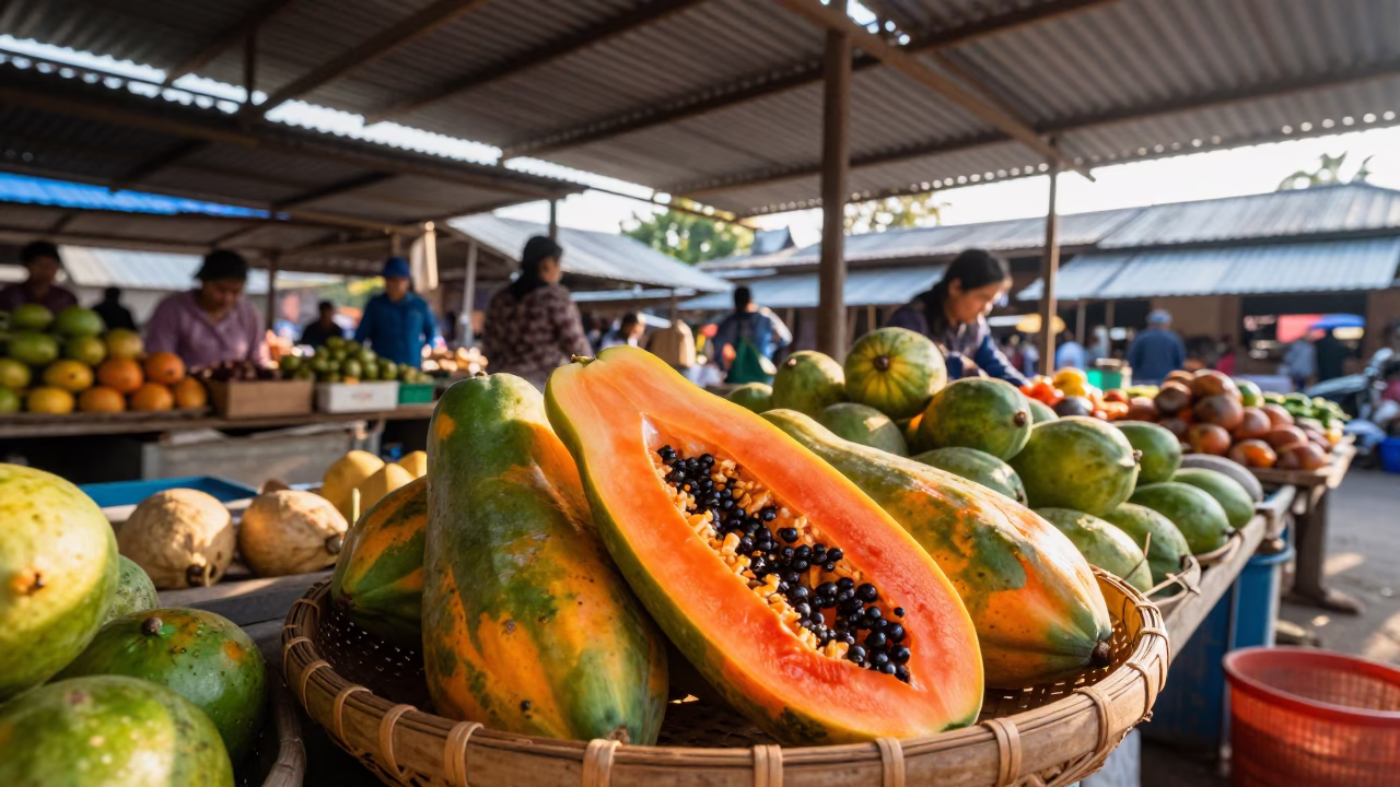 Morning Market Scene in Luang Prabang Laos with Fresh Papayas and Local Vendors in in Luang Prabang, Laos