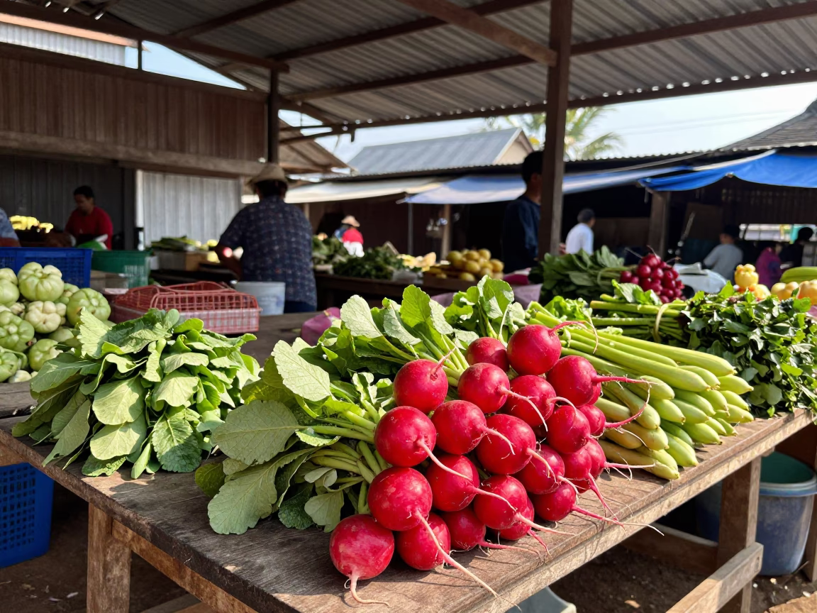 Morning Market Scene in Luang Prabang Laos with Fresh Radishes and Local Commerce in in Luang Prabang, Laos