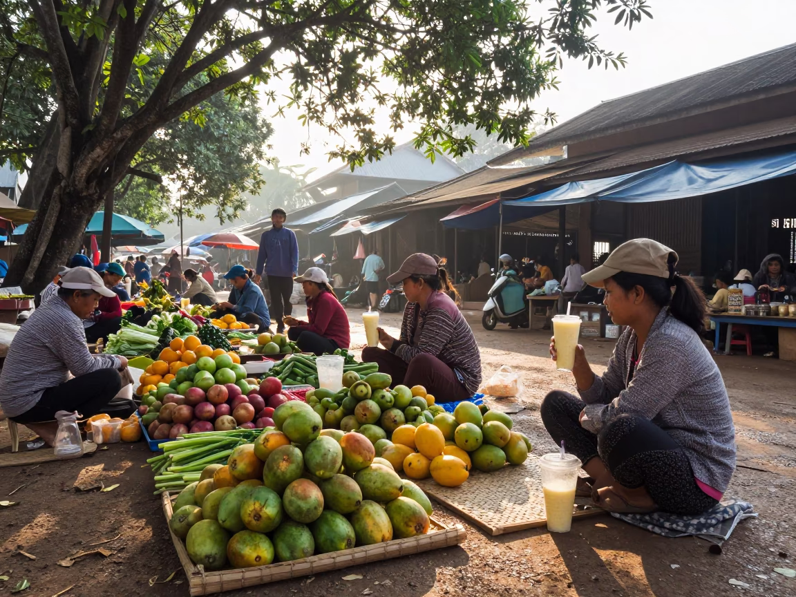 Morning Market Scene in Luang Prabang Laos with Mango Lassi and Local Life in in Luang Prabang, Laos