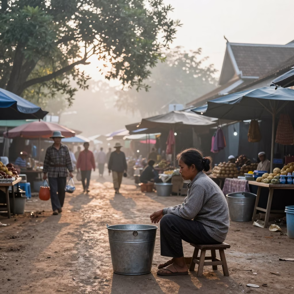 Morning Market Scene in Luang Prabang Laos with Metal Bucket and Stool in in Luang Prabang, Laos