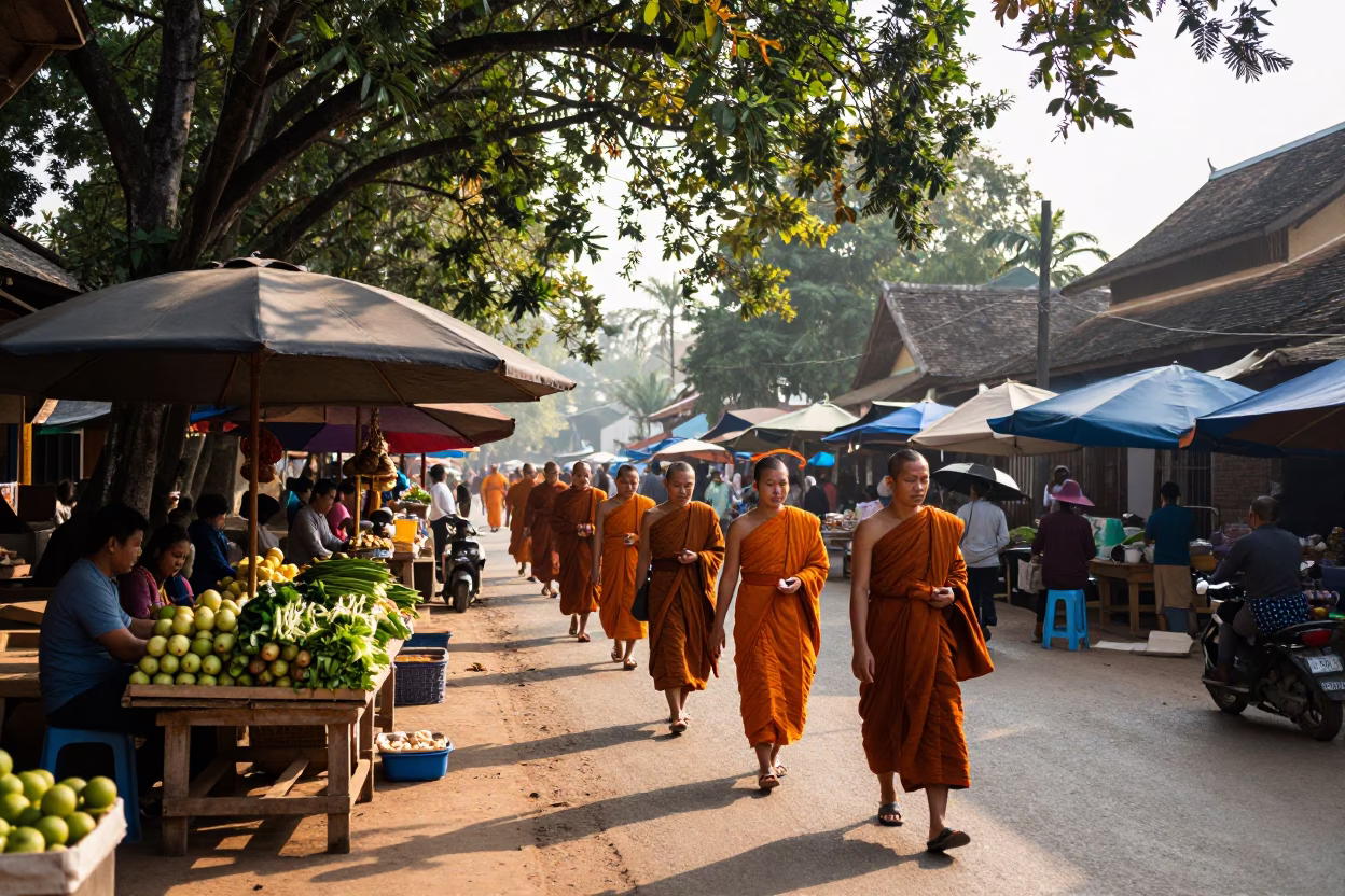 Morning Market Scene in Luang Prabang Laos with Monks and Local Vendors in in Luang Prabang, Laos