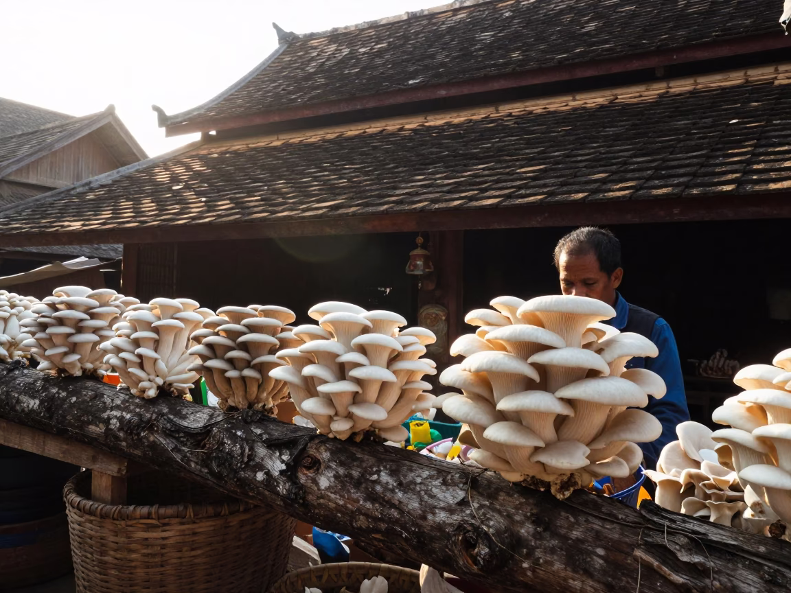 Morning Market Scene in Luang Prabang Laos with Oyster Mushrooms and Wicker in in Luang Prabang, Laos