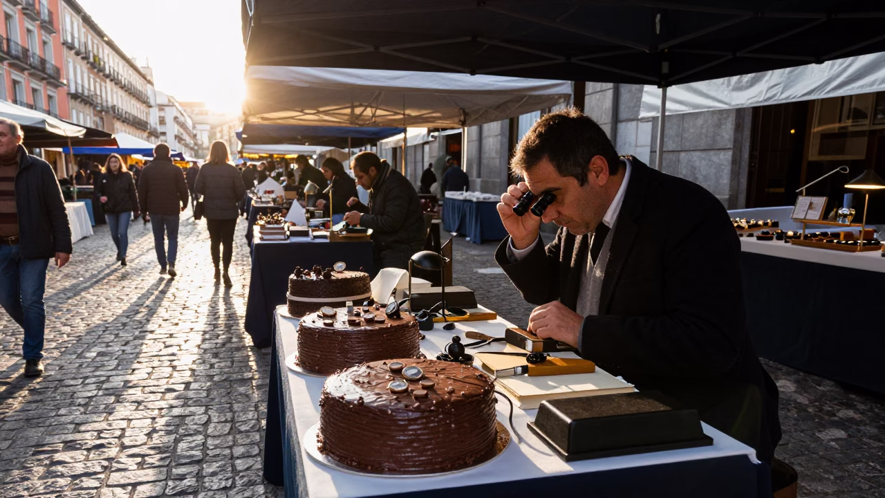 Morning Market Scene in Madrid Spain with Chocolate Cake and Watchmaker in in Madrid, Spain