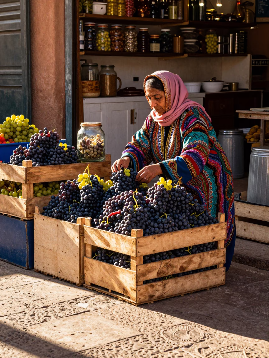 Morning Market Scene in Marrakech Morocco with Grapes and Kitchen Details in in Marrakech, Morocco
