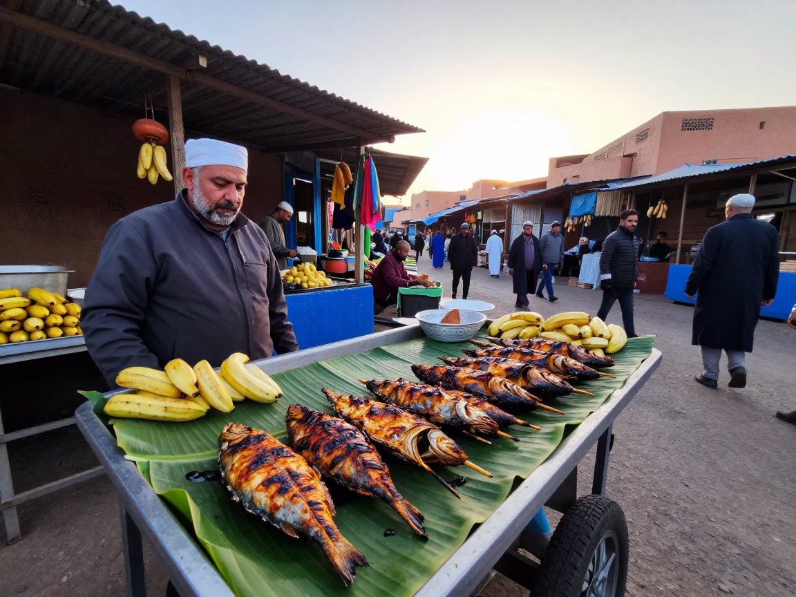 Morning Market Scene in Marrakech Morocco with Grilled Fish and Banana Leaf in in Marrakech, Morocco
