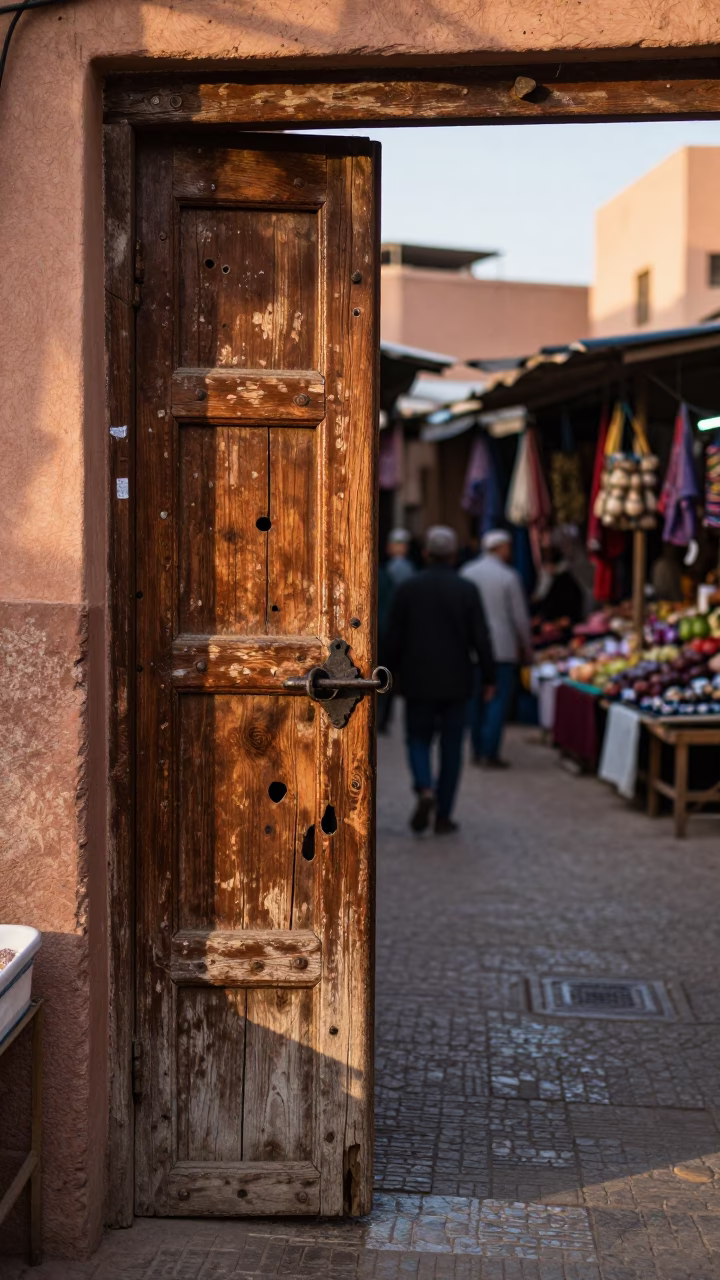 Morning Market Scene in Marrakech Morocco with Iron Deadbolt and Wooden Door Frame in in Marrakech, Morocco