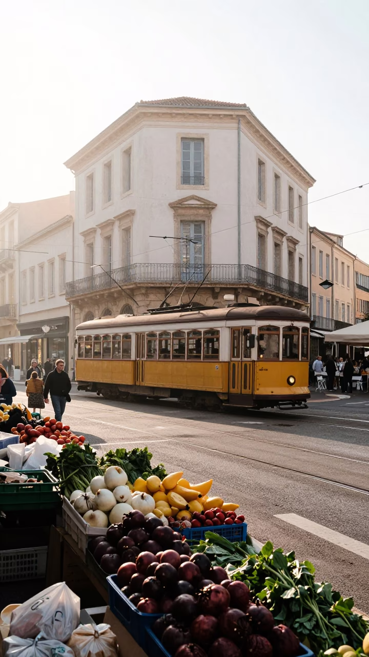 Morning Market Scene in Marseille France with Tram and Local Produce at First Light in in Marseille, France