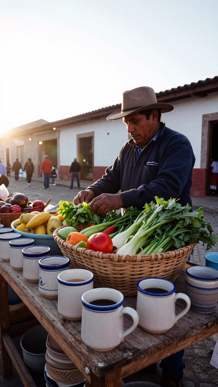 Morning Market Scene in Merida Mexico with Ceramic Mugs and Fresh Basket Produce in in Merida, Mexico