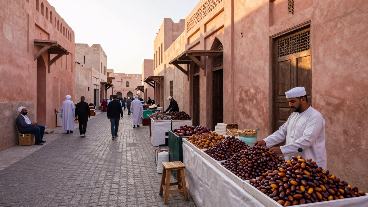 Morning Market Scene in Muscat Oman with Wooden Stool and Local Commerce at Dawn in in Muscat, Oman
