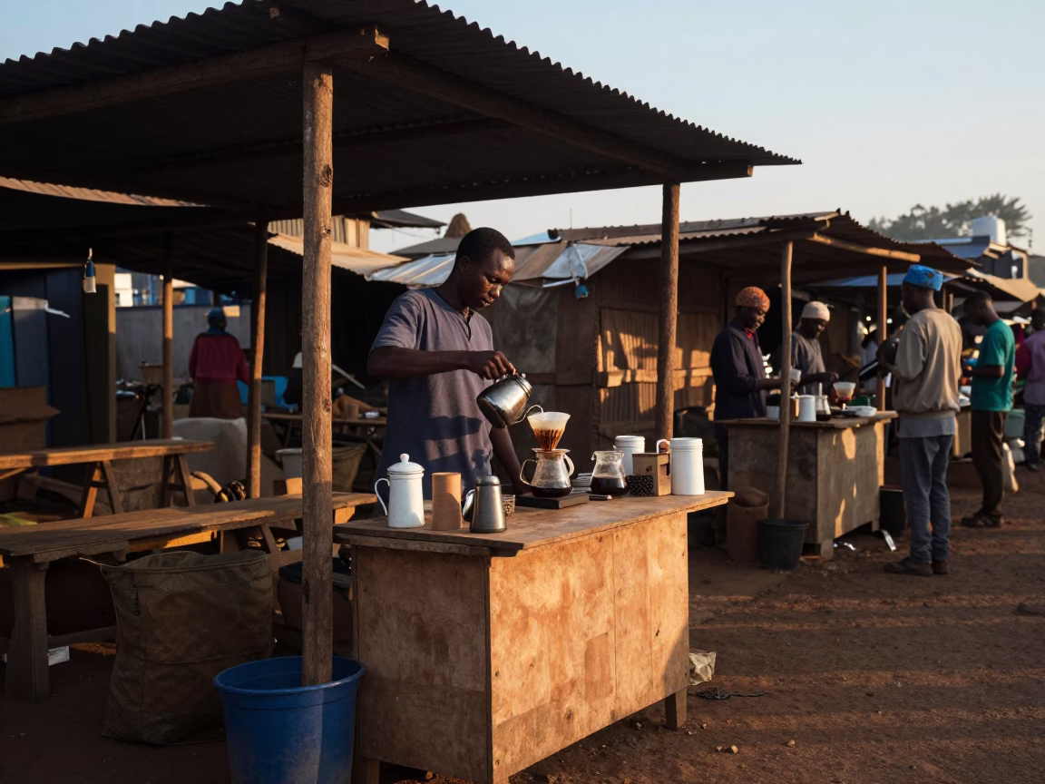 Morning Market Scene in Nairobi Kenya Before Sunrise with Coffee Vendor and Local Activity in in Nairobi, Kenya