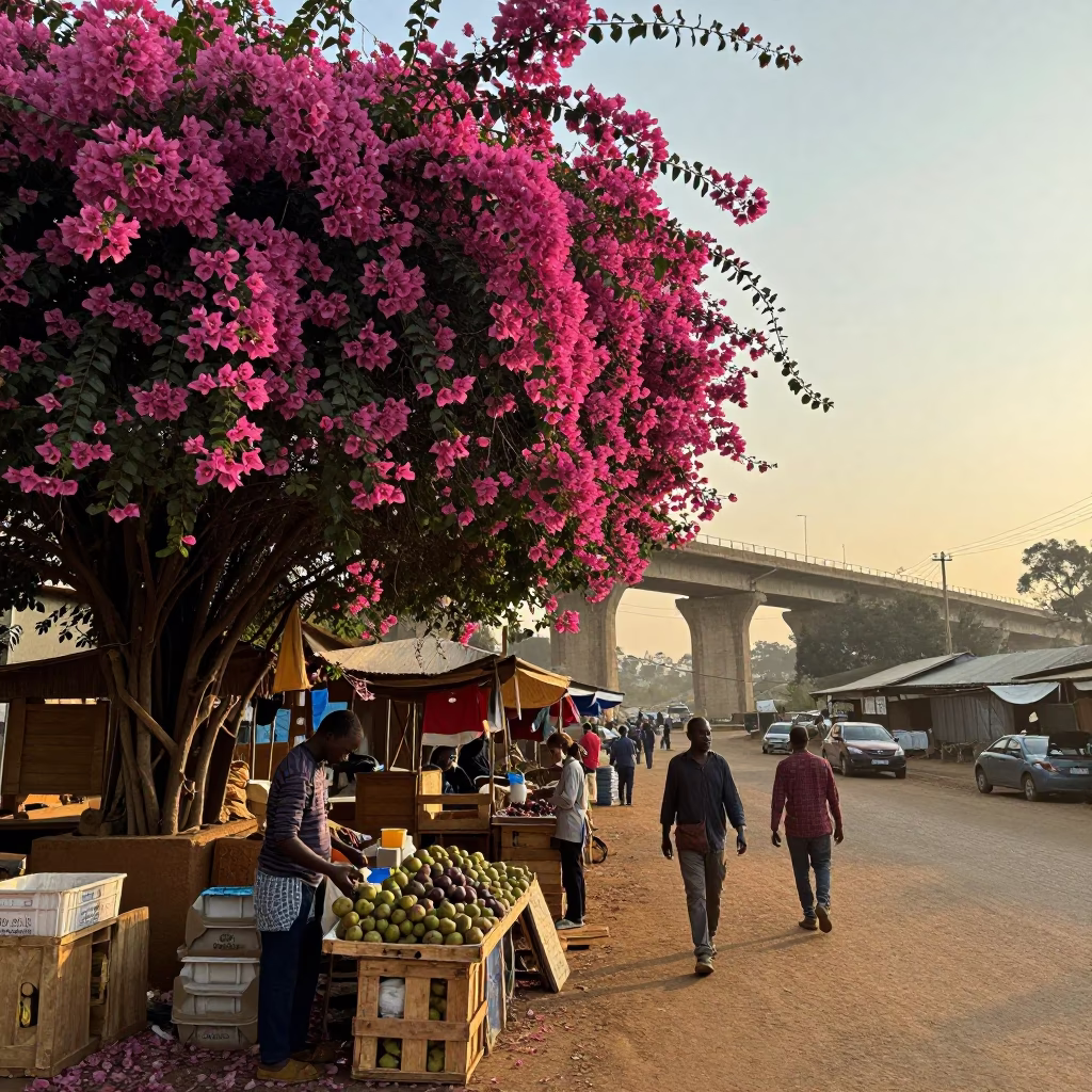 Morning Market Scene in Nairobi Kenya with Bougainvillea and Concrete Viaduct at Dawn in in Nairobi, Kenya