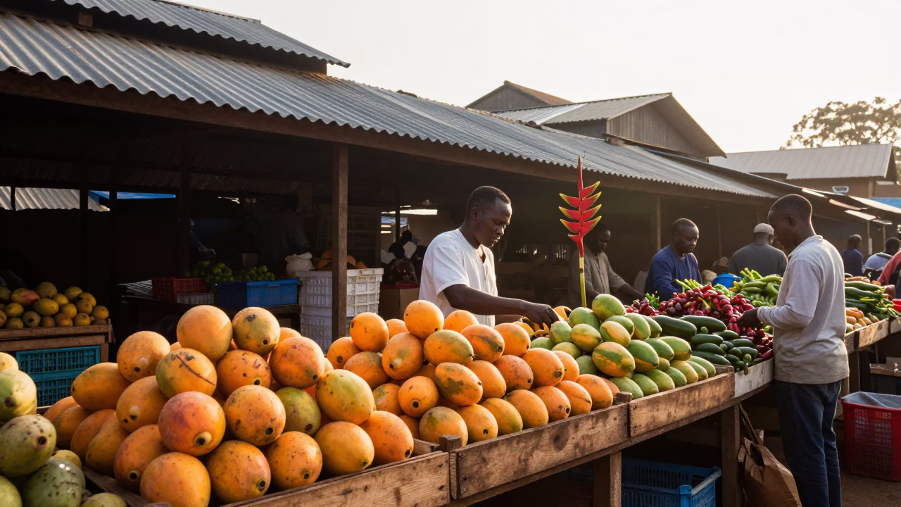 Morning Market Scene in Nairobi Kenya with Fruit Crate and Heliconia Flowers in in Nairobi, Kenya