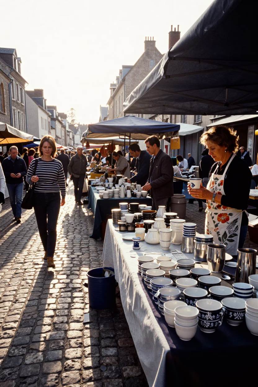 Morning Market Scene in Nice France with Ceramic Cup and Metal Stools in in Nice, France