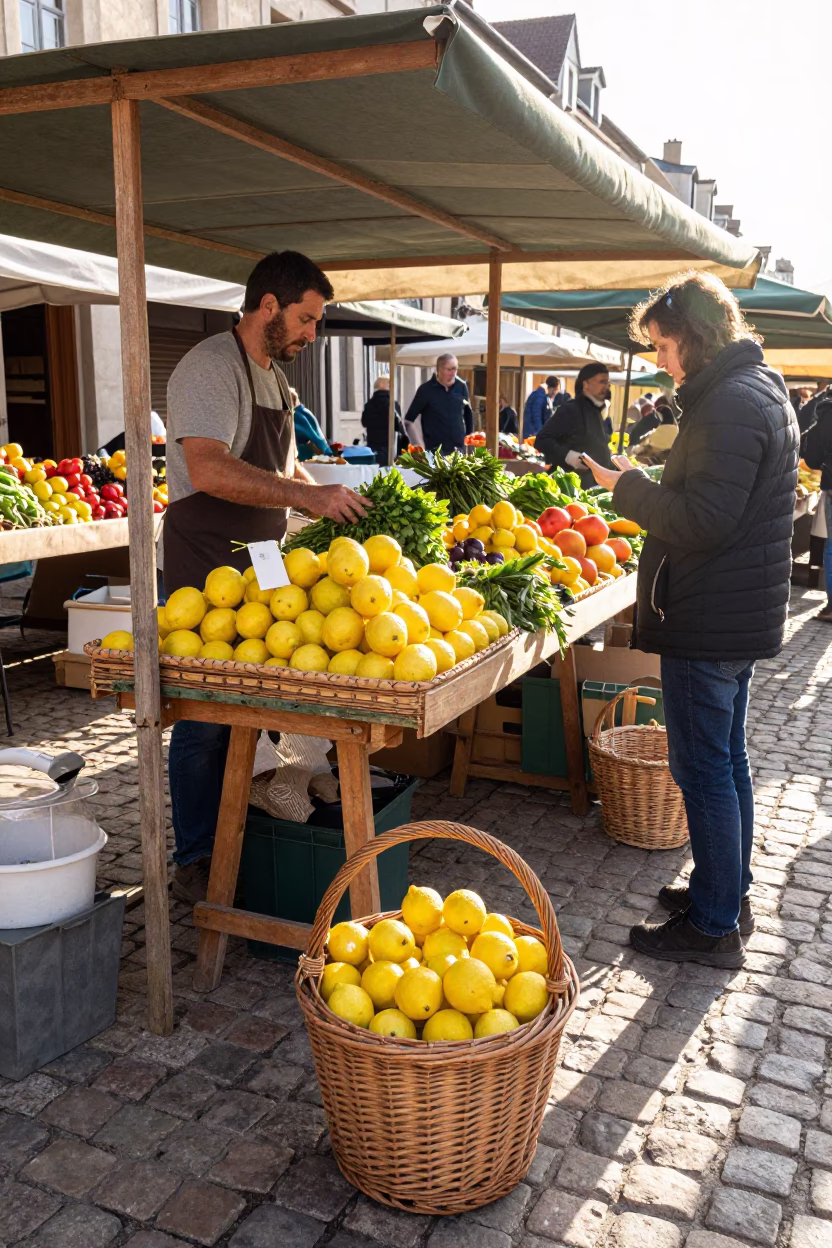 Morning Market Scene in Nice France with Wicker Basket and Local Produce in in Nice, France