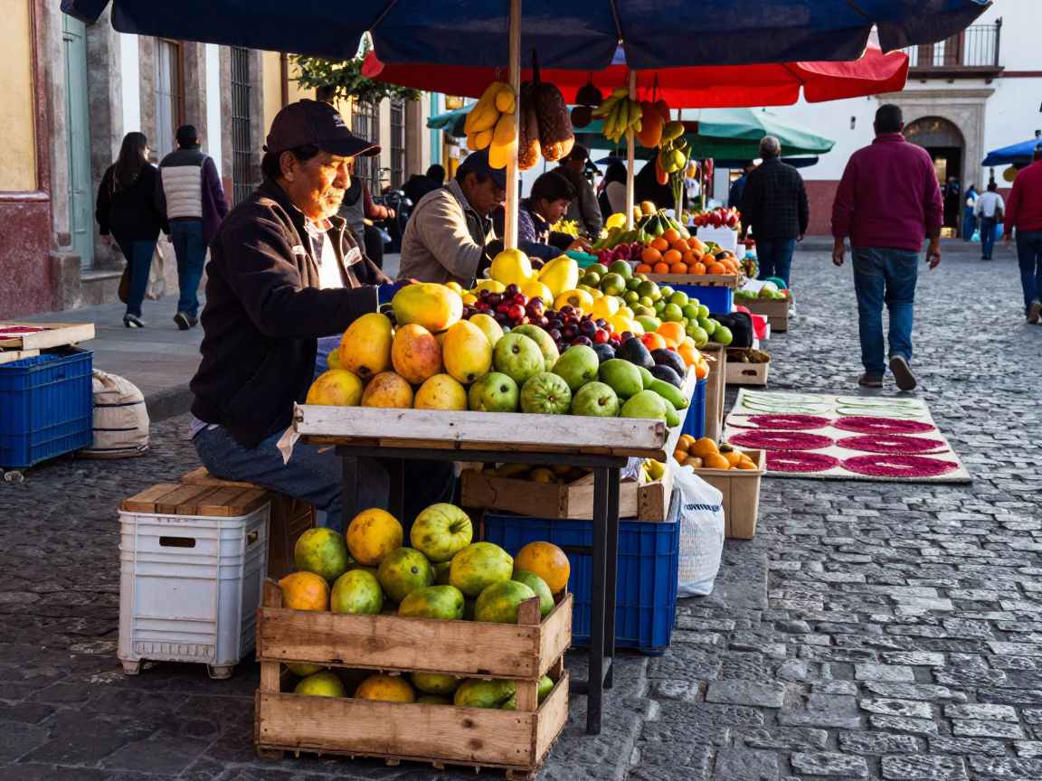 Morning Market Scene in Oaxaca Mexico with Fruit Crate and Drying Rack in in Oaxaca, Mexico