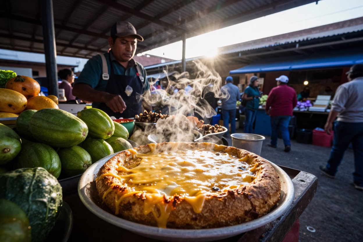 Morning Market Scene in Oaxaca Mexico with Sopa de Tortilla and Traditional Bread in in Oaxaca, Mexico
