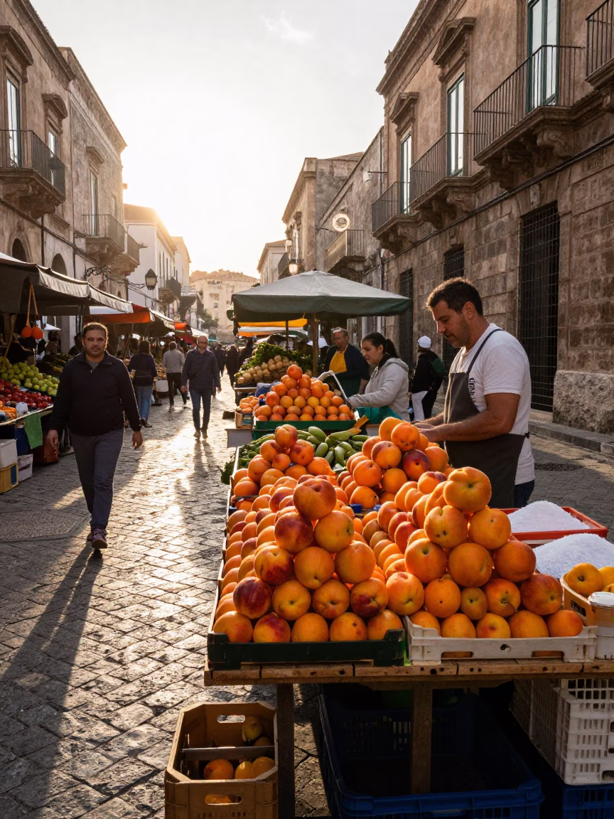 Morning Market Scene in Palermo Italy with Fresh Nectarines and Salt Shaker in in Palermo, Italy