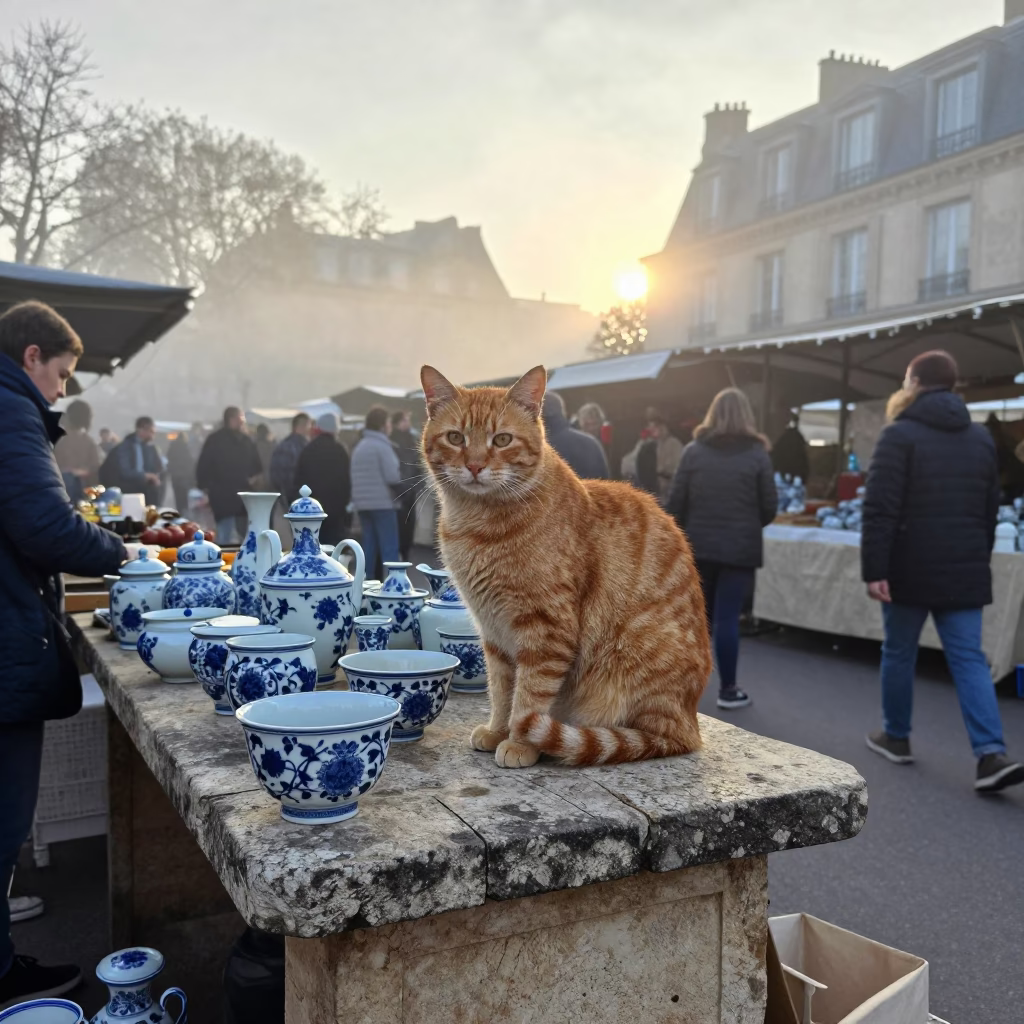 Morning Market Scene in Paris France with Ginger Cat and Porcelain Jars in in Paris, France