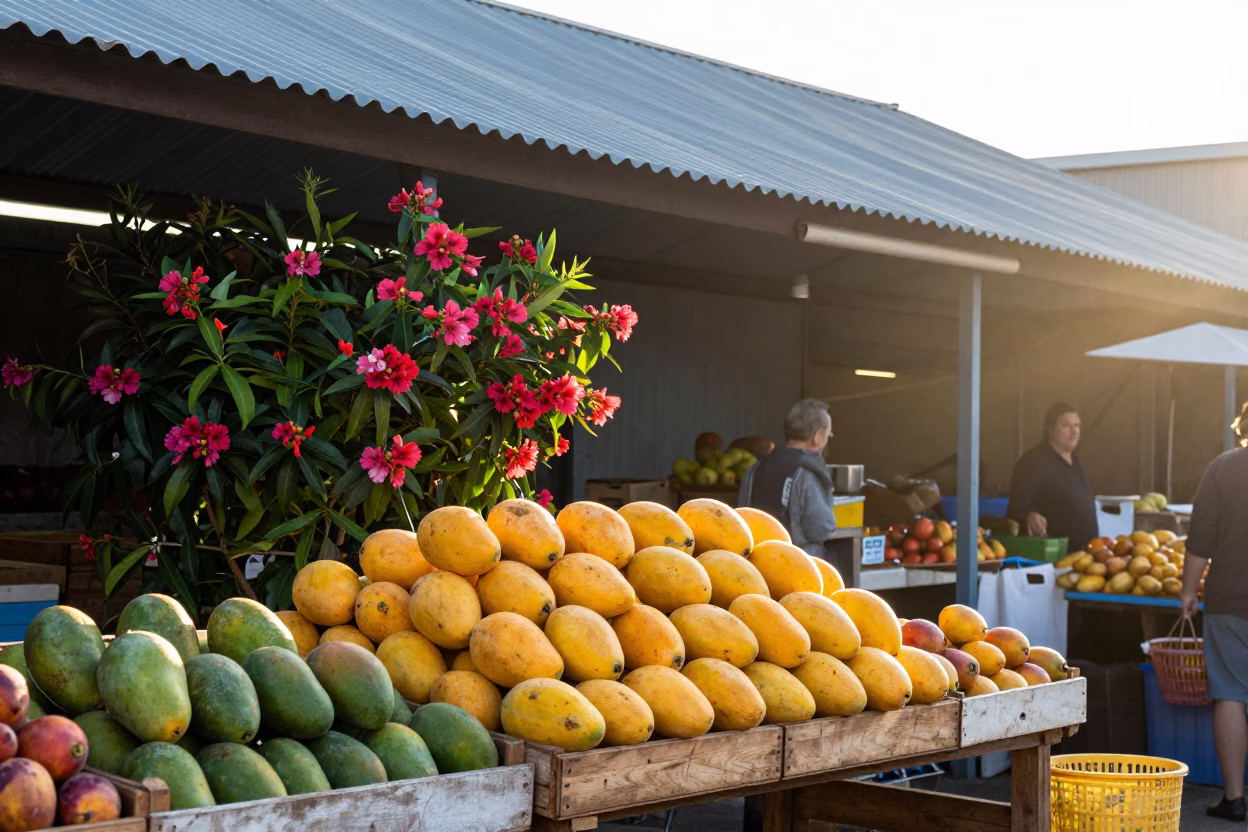 Morning Market Scene in Perth Western Australia with Mangoes and Plumbago Hedge in in Perth, Western Australia, Australia