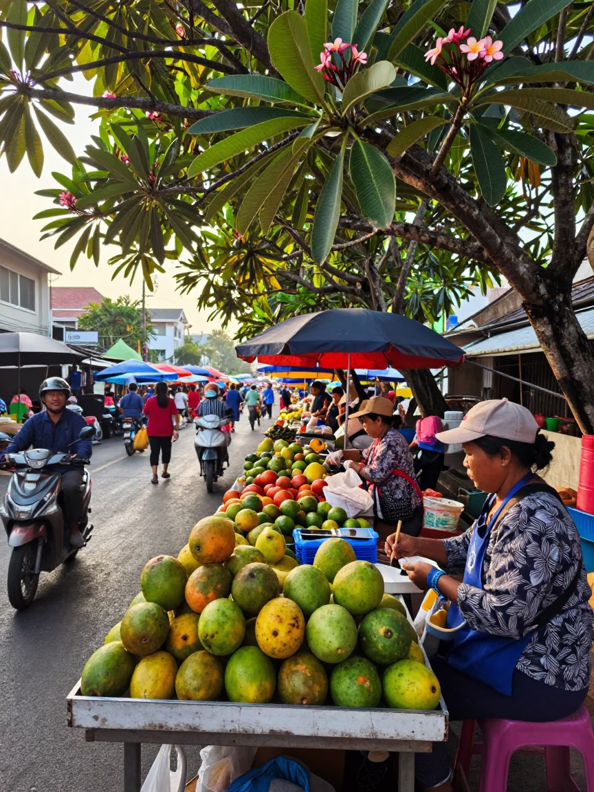 Morning Market Scene in Phuket Thailand with Frangipani and Local Vendors in in Phuket, Thailand