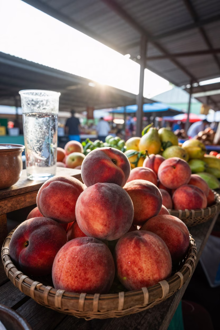 Morning Market Scene in Phuket Thailand with Fresh Peaches and Water Beads in in Phuket, Thailand