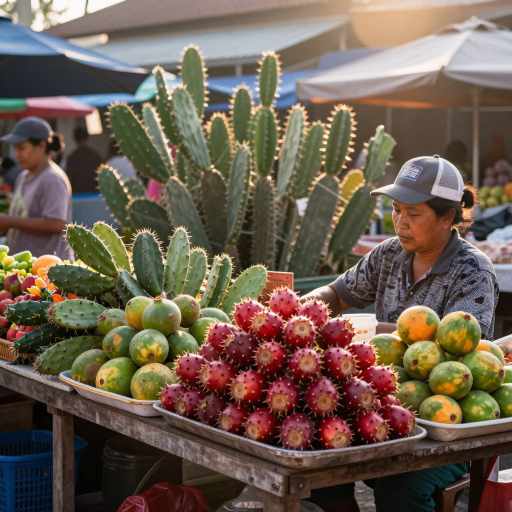 Morning Market Scene in Phuket Thailand with Prickly Pear Cactus and Local Vendors in in Phuket, Thailand