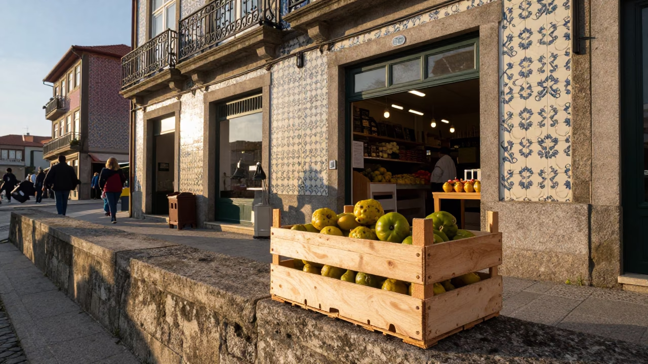 Morning Market Scene in Porto Portugal with Wooden Crate and Pickle Jar in in Porto, Portugal