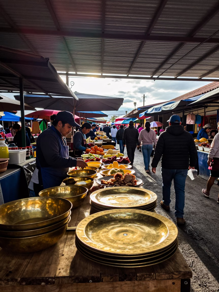 Morning Market Scene in Quito Ecuador with Brass Plate and Colander in in Quito, Ecuador